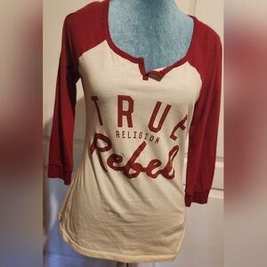 True Religion Red and Cream Raglan Graphic Tee